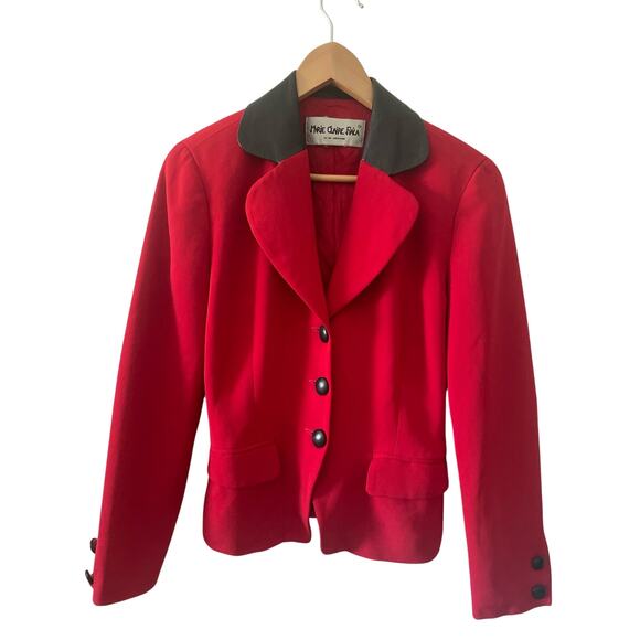 Marie Clair Fiala Women Vintage Classic Red Button Front Blazer Leather Collar - Picture 2 of 12
